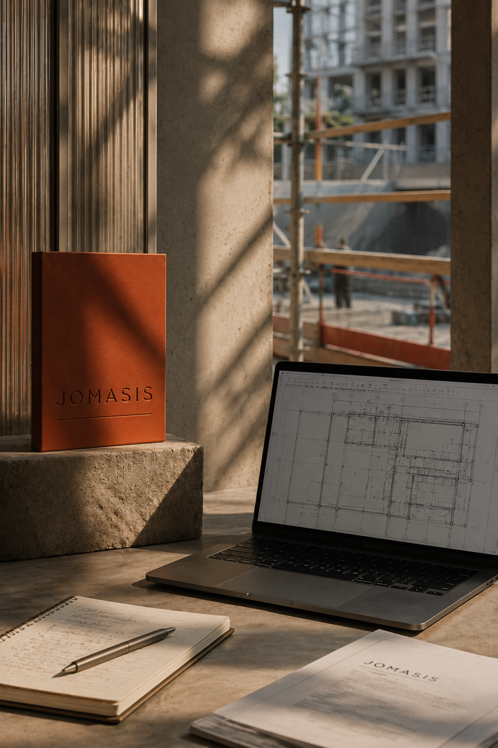 Espace de travail JOMASIS avec plans et ordinateur